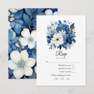 Cartons Réponse Mariage floral bleu marine et blanc