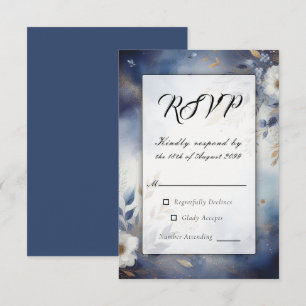 Cartons Réponse Mariage floral bleu marine et or