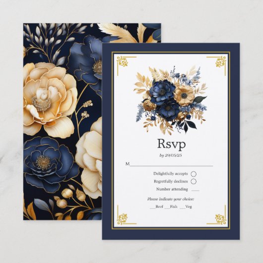 Cartons Réponse Mariage floral bleu marine et or (Devant / Derrière)