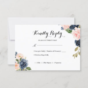 Cartons Réponse Mariage floral bleu marine et rose pâle