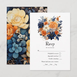 Cartons Réponse Mariage floral bleu marine, orange brûlé et champa