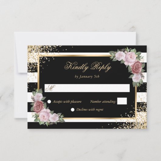 Cartons Réponse Mariage floral Blush Black White Gold Confetti (Devant)