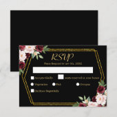 Cartons Réponse Mariage Floral Bourgogne Rustique Noir & Or   (Devant / Derrière)