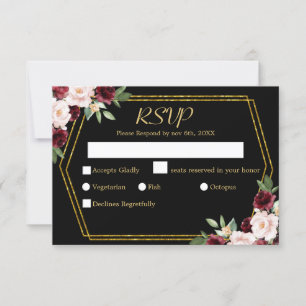 Cartons Réponse Mariage Floral Bourgogne Rustique Noir & Or