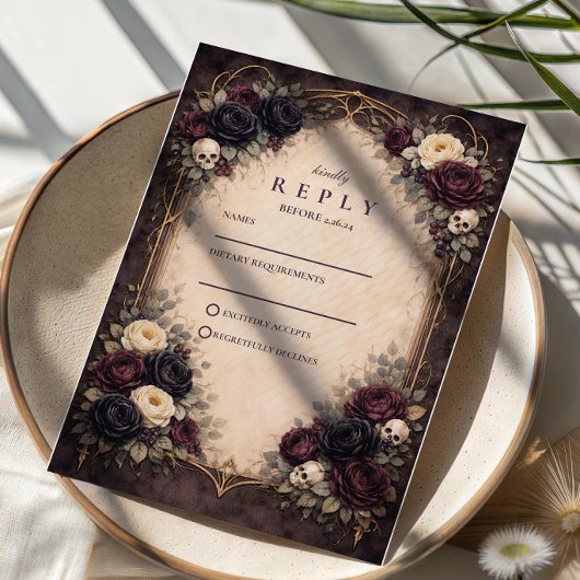 Cartons Réponse Mariage Floral de Crâne Gothique Sombre