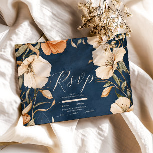 Cartons Réponse Mariage floral d'ivoire Elégant bleu marine
