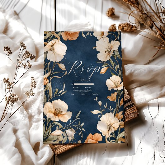 Cartons Réponse Mariage floral d'ivoire Elégant bleu marine