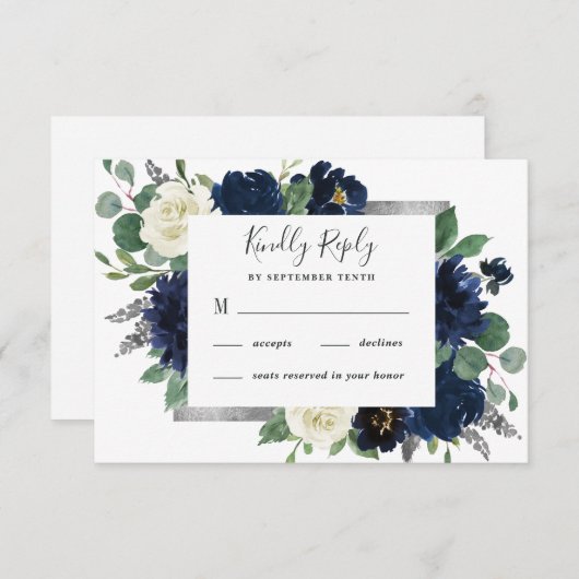 Cartons Réponse Mariage floral d'ivoire élégant bleu marine et arg (Devant / Derrière)