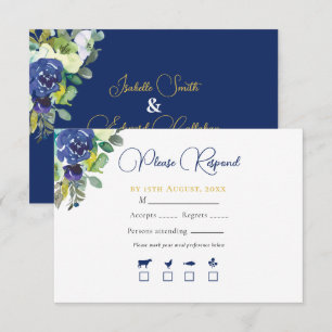 Cartons Réponse Mariage Floral Élégant à l'Aquarelle Rose Bleu Mar
