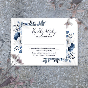 Cartons Réponse Mariage Floral Élégant Bleu Et Blanc Marine