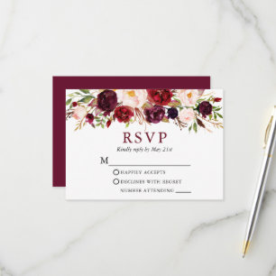 Cartons Réponse Mariage Floral Élégant Moderne Aquarelle Bourgogne