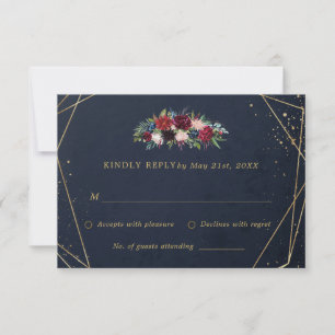 Cartons Réponse Mariage floral géométrique marine et or