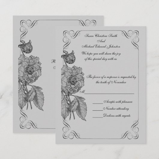 Cartons Réponse Mariage floral gris argenté noir (Devant / Derrière)