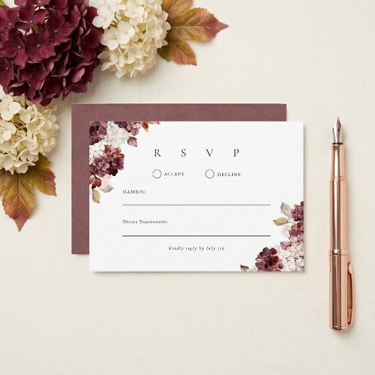 Cartons Réponse Mariage Floral Hydrangea Bourgogne