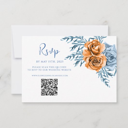 Cartons Réponse Mariage floral moderne Indigo Rust QR Code (Devant)