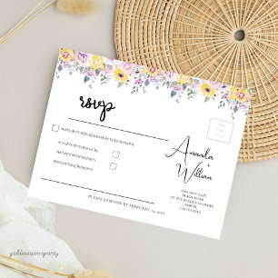 Cartons Réponse Mariage Floral Moderne Jaune Moutarde et Lavande
