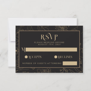 Cartons Réponse Mariage floral moderne noir & or anémone