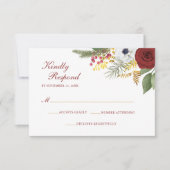 Cartons Réponse Mariage Floral Monogramme Script Or et Rouge Bourg (Devant)