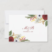 Cartons Réponse Mariage Floral Monogramme Script Or et Rouge Bourg (Dos)