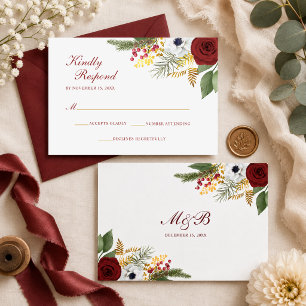 Cartons Réponse Mariage Floral Monogramme Script Or et Rouge Bourg