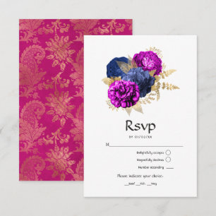 Cartons Réponse Mariage floral Navy et Magenta et Or