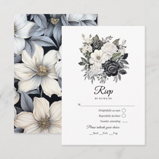 Cartons Réponse Mariage floral noir et blanc (Devant / Derrière)