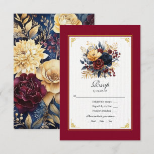 Cartons Réponse Mariage floral or, bleu marine et bordeaux