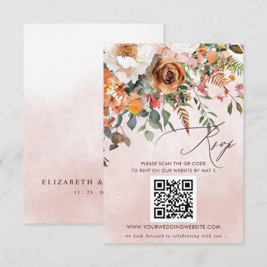 Cartons Réponse Mariage Floral Orange Rustique d'Automne QR CODE (Devant / Derrière)