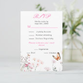 Cartons Réponse Mariage Floral Papillon Rose Foncé de Printemps (Debout devant)