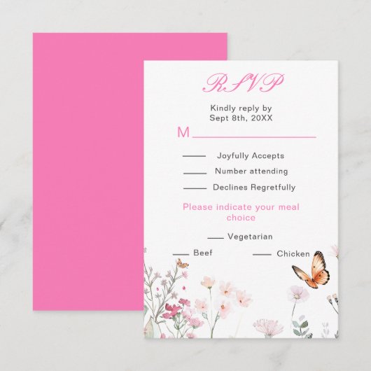 Cartons Réponse Mariage Floral Papillon Rose Foncé de Printemps (Devant / Derrière)