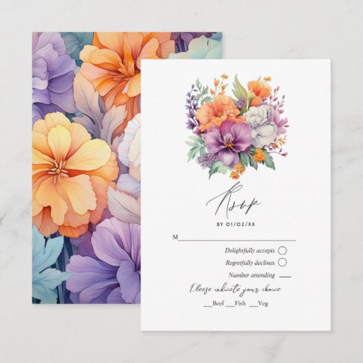 Cartons Réponse Mariage floral Pastel Purple, Orange et Mint (Devant / Derrière)
