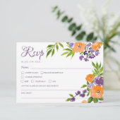 Cartons Réponse Mariage Floral QR Code Orange et Violet Gras (Debout devant)