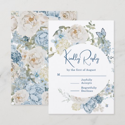 Cartons Réponse Mariage floral romantique bleu Dusty (Devant / Derrière)