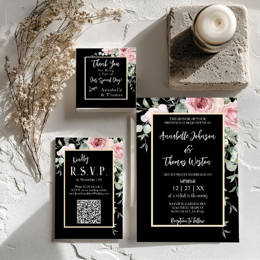 Cartons Réponse Mariage Floral Rose Aquarelle Noir