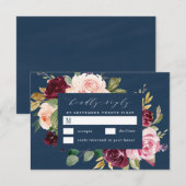 Cartons Réponse Mariage floral rose bleu bleu marine Bourgogne or  (Devant / Derrière)