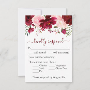 Cartons Réponse Mariage floral rose de Bourgogne