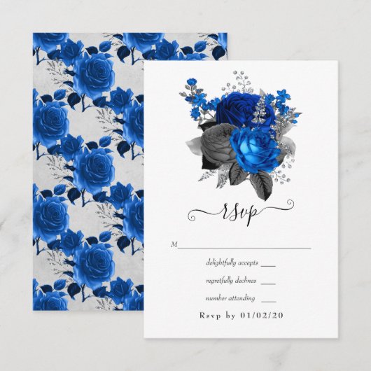 Cartons Réponse Mariage Floral Royal Bleu, Noir et Argent (Devant / Derrière)