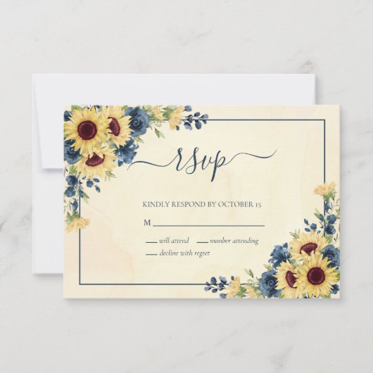 Cartons Réponse Mariage Floral Rustique Chaud Tournesol Bleu Marin (Devant)