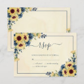 Cartons Réponse Mariage Floral Rustique Chaud Tournesol Bleu Marin (Devant / Derrière)