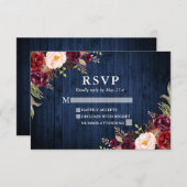 Cartons Réponse Mariage floral rustique en bois bleu bordeaux (Devant / Derrière)