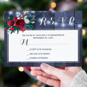 Cartons Réponse Mariage floral rustique hivernal en bleu marine et