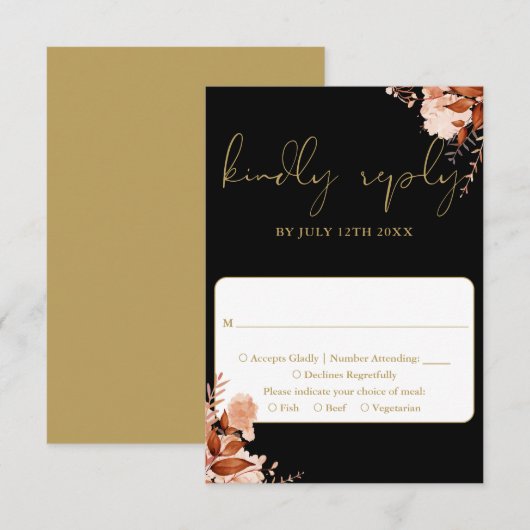 Cartons Réponse Mariage Floral Rustique Noir et Or (Devant / Derrière)