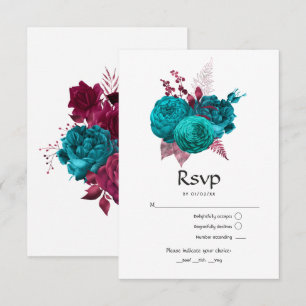 Cartons Réponse Mariage floral turquoise et bourguignonne