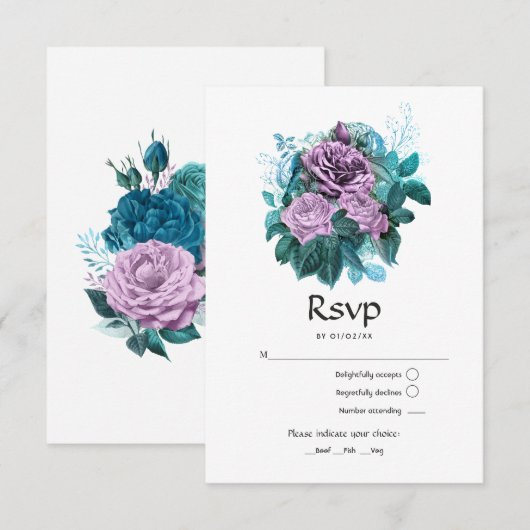 Cartons Réponse Mariage floral turquoise et lavande (Devant / Derrière)