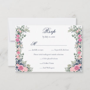 Cartons Réponse Mariage Floral Végétal Bleu Marine Rose Pâle Repas