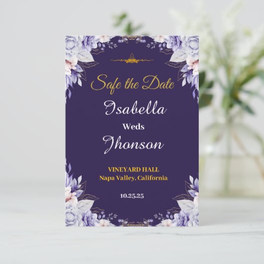 Cartons Réponse Mariage Floral Violet Enregistrer La Date (Debout devant)
