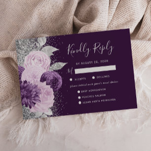 Cartons Réponse Mariage Floral Violet Foncé Choix de Repas Argent