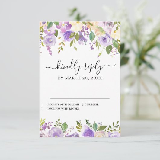 Cartons Réponse Mariage floral violet rustique (Debout devant)