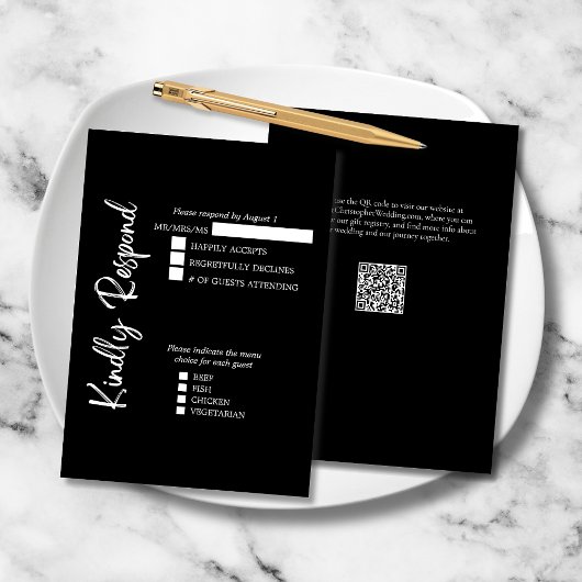Cartons Réponse Mariage Formel Élégant Script Gras Noir Blanc