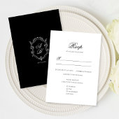 Cartons Réponse Mariage Formel noir & blanc Floral Monogram Crest